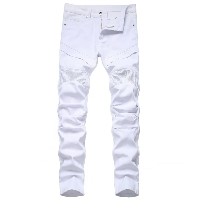 Erkek kot pantolon beyaz sıska artı boyut 2842 Avrupa ince fit kat trend motosiklet bisikletçisi denim pantolon yok kemer 230330