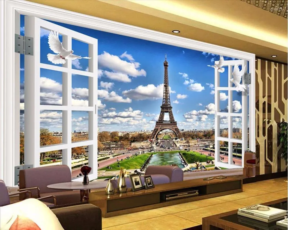 Fonds d'écran 3D Papier peint mural Décor à la maison Non-tissé Tour Eiffel 3 D pour murs Chambre Salon Fond Po