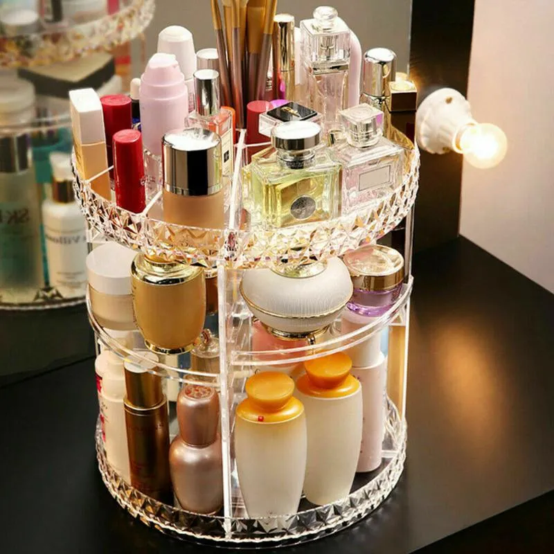 Badezimmer-Aufbewahrungsorganisation Kosmetik-Make-up-Organisator-Box-Regal 360-Grad-Drei-Schichten-Drehdisplay Acryl-Organisatoren