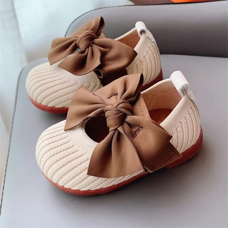 Primeros caminantes, zapatos de princesa para niñas, zapatos de tela de punto con lazo grande, zapatos para niños pequeños, suela suave, primer paso informal para niños, beige, rosa, Swee 230330