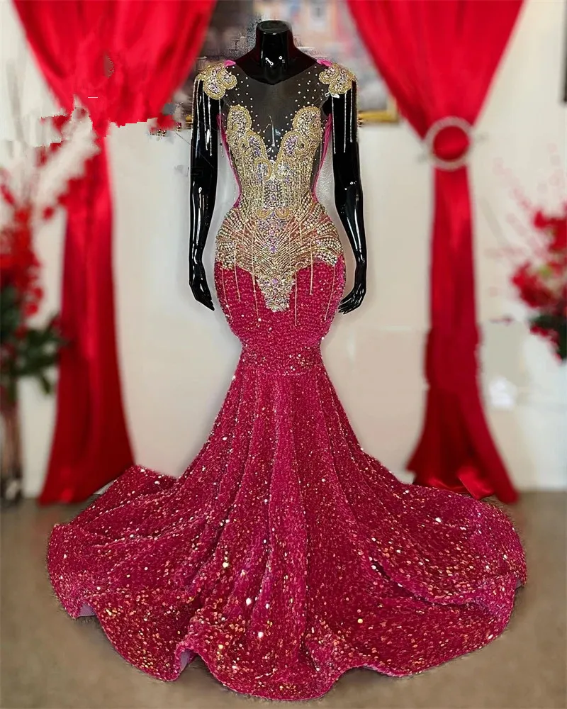 Abiti da ballo lunghi scintillanti con scollo a O per ragazze nere Nappa con perline con paillettes aso ebi occasioni da sera Abiti da festa Sirena