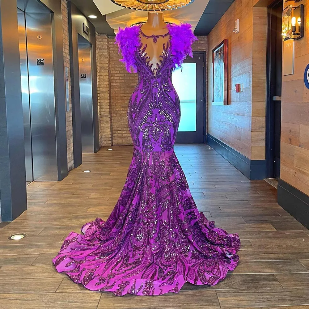 Purple Backless Prom Dresses Mermaid Lace Feathers Evening Gowns Sheer Jewel Neckline Sweep Train Sequined Formal Dress