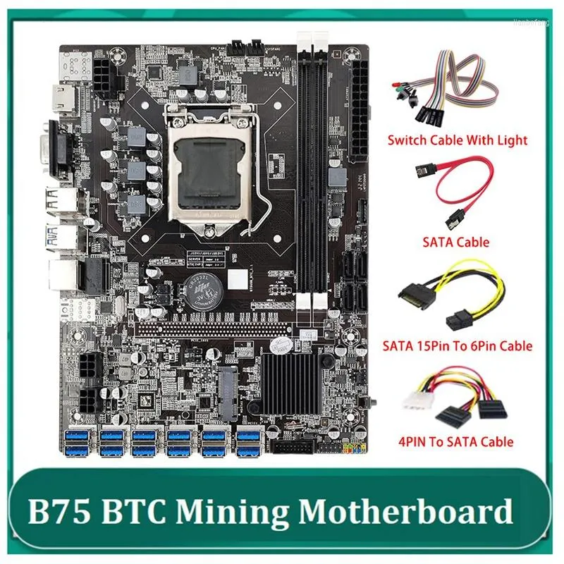 Schede madri B75 ETH Mining Scheda Madre 12 PCIE A USB LGA1155 SATA 15Pin 6Pin Cavo 4PIN Interruttore Con Luce