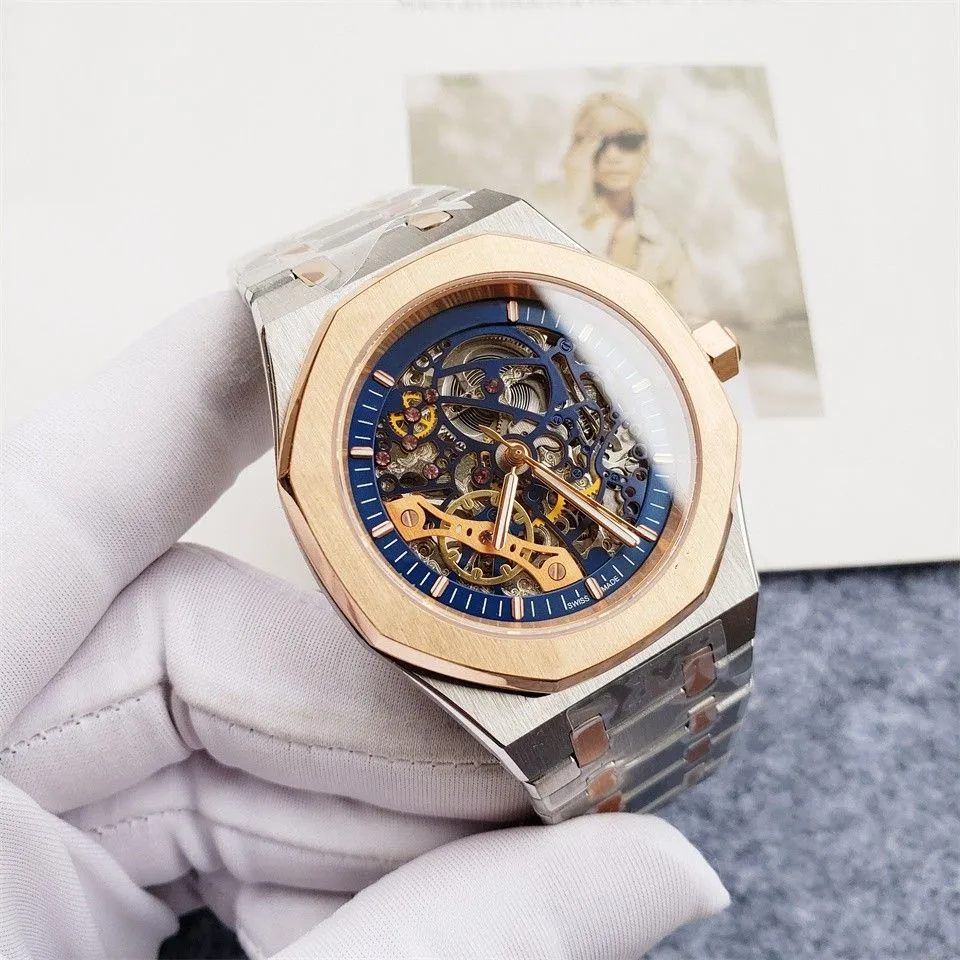 Mode Herrenuhr Glas 41mm Skelett Zifferblatt Automatische mechanische Armbanduhr Stahlband Wasserdicht Designer Meisteruhren für Weihnachtsgeschenke