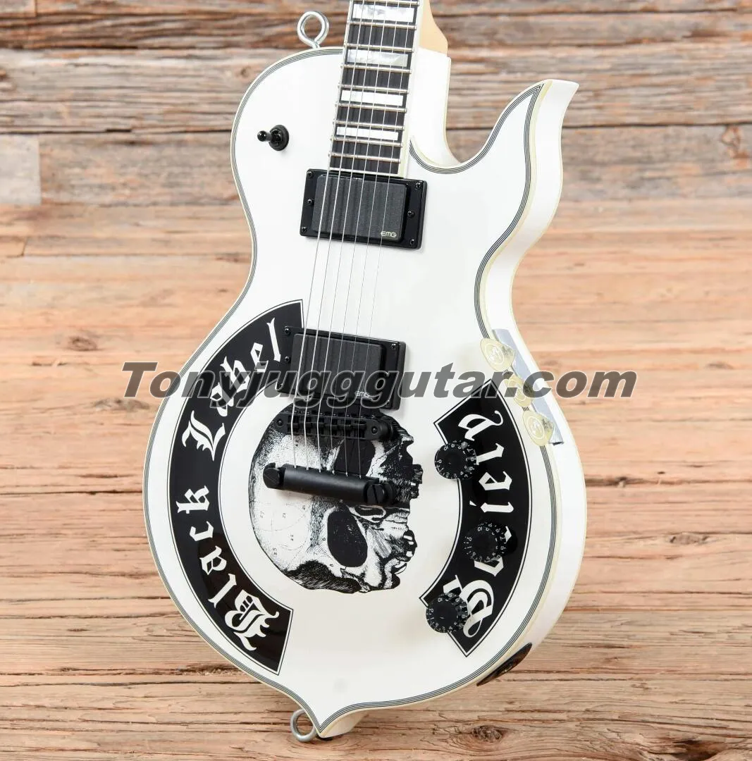 Zeldzame Wylde Audio Odin Grail White Electric Guitar Large Block Inleg, Black Hardware, Grover Tuners, China EMG Pickups, Metal Eye Hooks