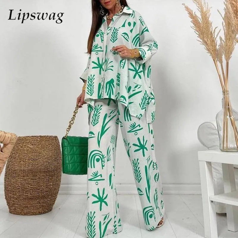 Tweede stuk broek met damesveer revers met lange mouwen met lange mouwen en brede pootbroek Pakken Casual Graphic Print Losse tweedelig set vrouwen onregelmatige shirts outfits 230330