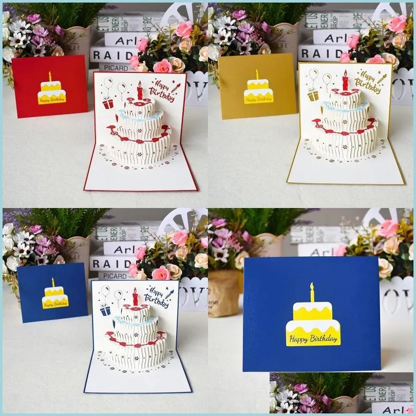 Gratulationskort 3D POP up Happy Birthday Laser Cut Fruit Cake Shaped Vykort Giftkort med kuvertklistermärken Drop Delivery Home G DHYV8