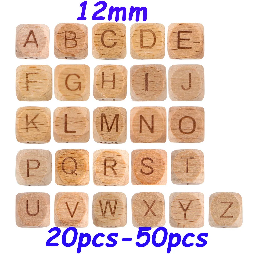 Baby dentes brinquedos kovict 12mm beech alfabetismo de madeira 2050pcs quadrado letra inglesa Nome personalizado DIY Acessórios de cadeia de chupeta Toy 230329