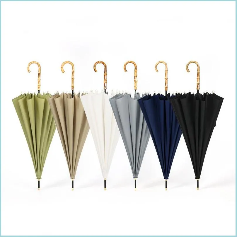 Umbrellas 16 Ribs Straight Umbrella Windproof Solid Color Long Handle Women Men Bamboo Handles Pongee Drop Delivery Home Garden Hous Dhrbd