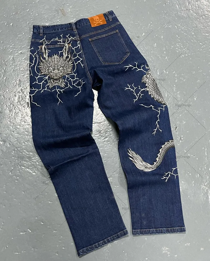 Mens Jeans American street hiphop restore Cologne print jeans y2k High skateboard dance vibe wind loose straight leg pants 230330