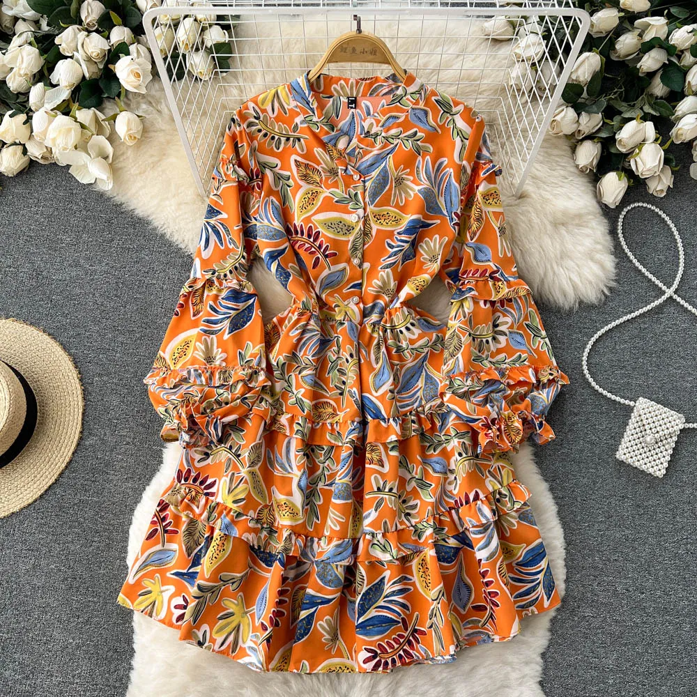 New Chic Casual Dresses Long Flare Sleeve Mini Dress Women Autumn Fashion Ruffles Slim High Waist A-line Party Vestidos 2023