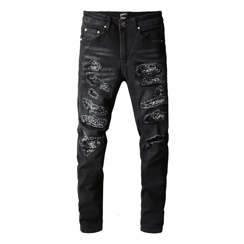 Mäns jeans svart orolig smal fit streetwear stil färgglada bandanna lapptäcke mager stretch hål high street rippade 230330