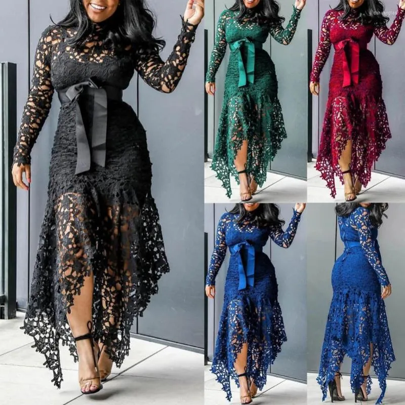 Casual Dresses Women Long Sleeve Bow Belted Irregular Hem Hollow Out Lace Sexy Bodycon Dress Mesh Party Fishtail Patchwork Midi