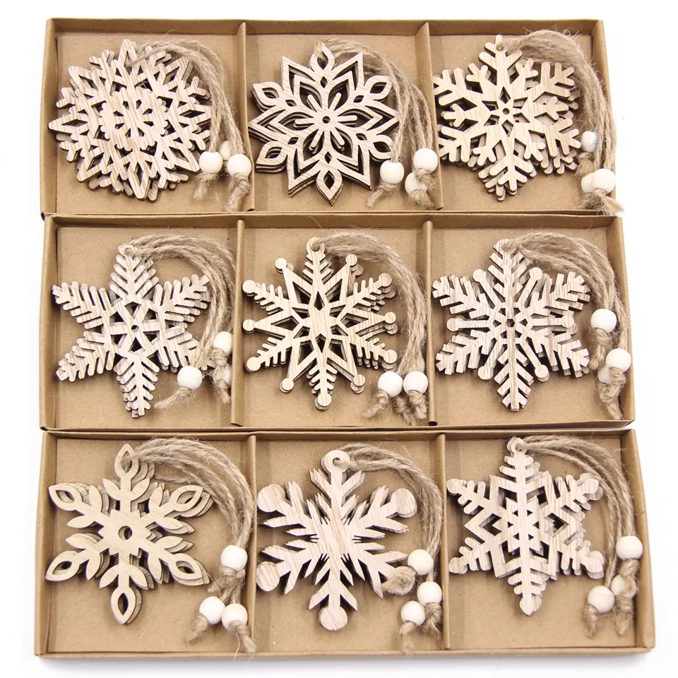 Inne imprezy imprezowe dostawy 12PCS Pudełko Vintage Snowflake Boże Narodzenie drewniane wisiorki ozdoby Dekoracje drzewa wiszące prezenty 230330