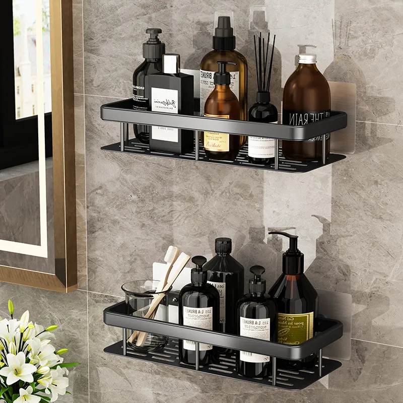 Étagères de salle de bain en alliage d'aluminium sans perceuse support mural étagère d'angle douche support de rangement toilette maquillage organisateur pour shampooing 230330