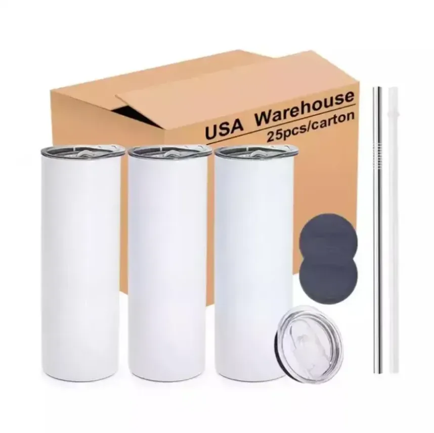 US Warehouse 2 dagen levering witte mokken sublimatie tumbler 20oz blanco rechte roestvrij staal spaties tuimelaar met stro BB0330