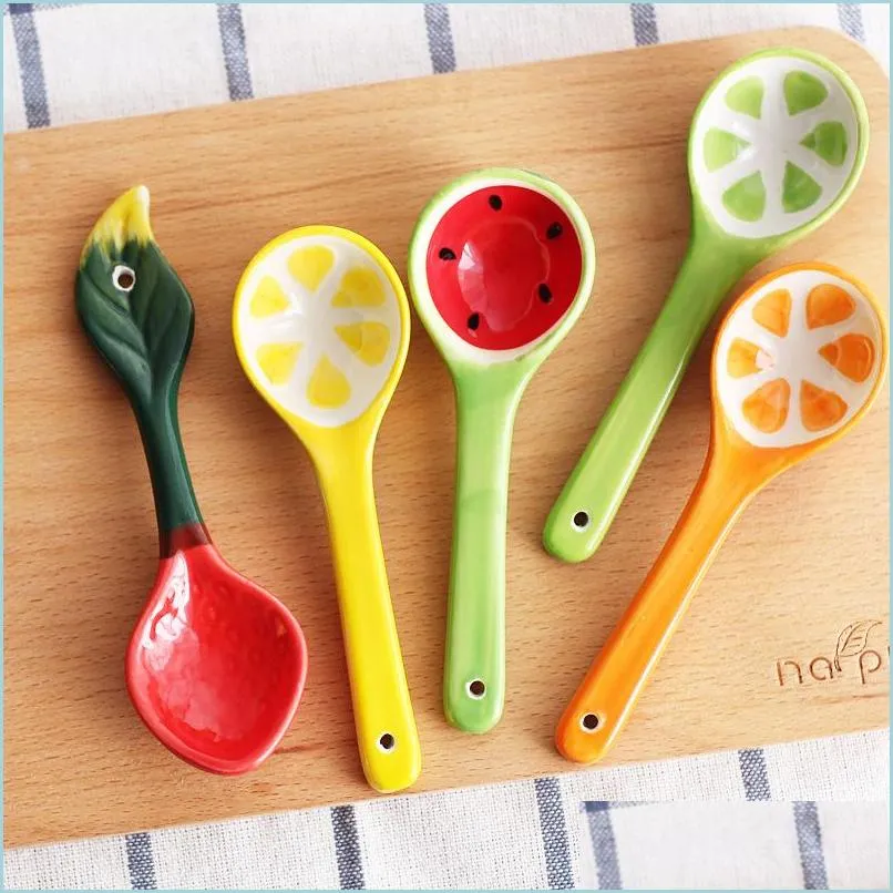 Spoons Ceramic Coffee Stirring Spoon Korean Style Household Tableware Dessert Watermelon Lemon Pineapple Fruit Design Drop Delivery Dhwba