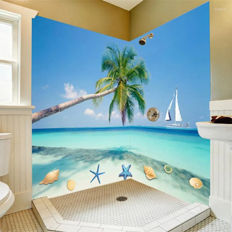 Papéis de parede modernos simples 3d praia coco de coco mural papel de parede banheiro adesivo de parede PVC Rolo de auto -adesivo à prova d'água