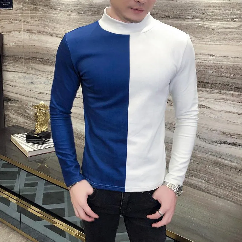 Heren t shirts zwart witte t-shirt mannen club outfits lange mouwen coltrui turtleneck shirt homme slanke fit tee contrast stiksel koninklijk koninklijk