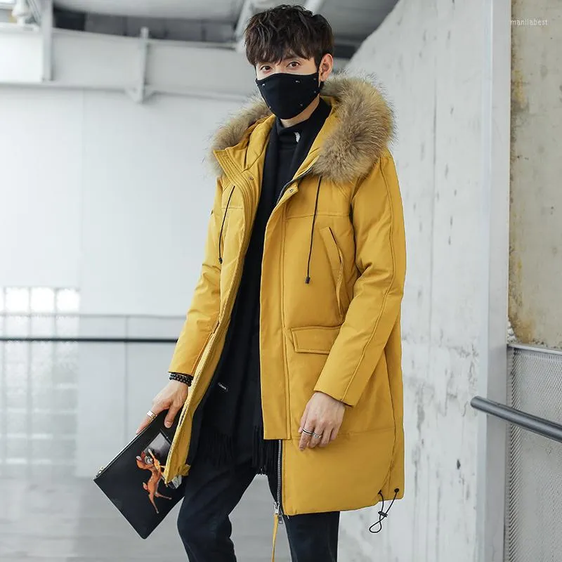 Piumino invernale da uomo di media lunghezza Cappotto con cappuccio alla moda in stile coreano Coppia indossa collo di pelliccia caldo