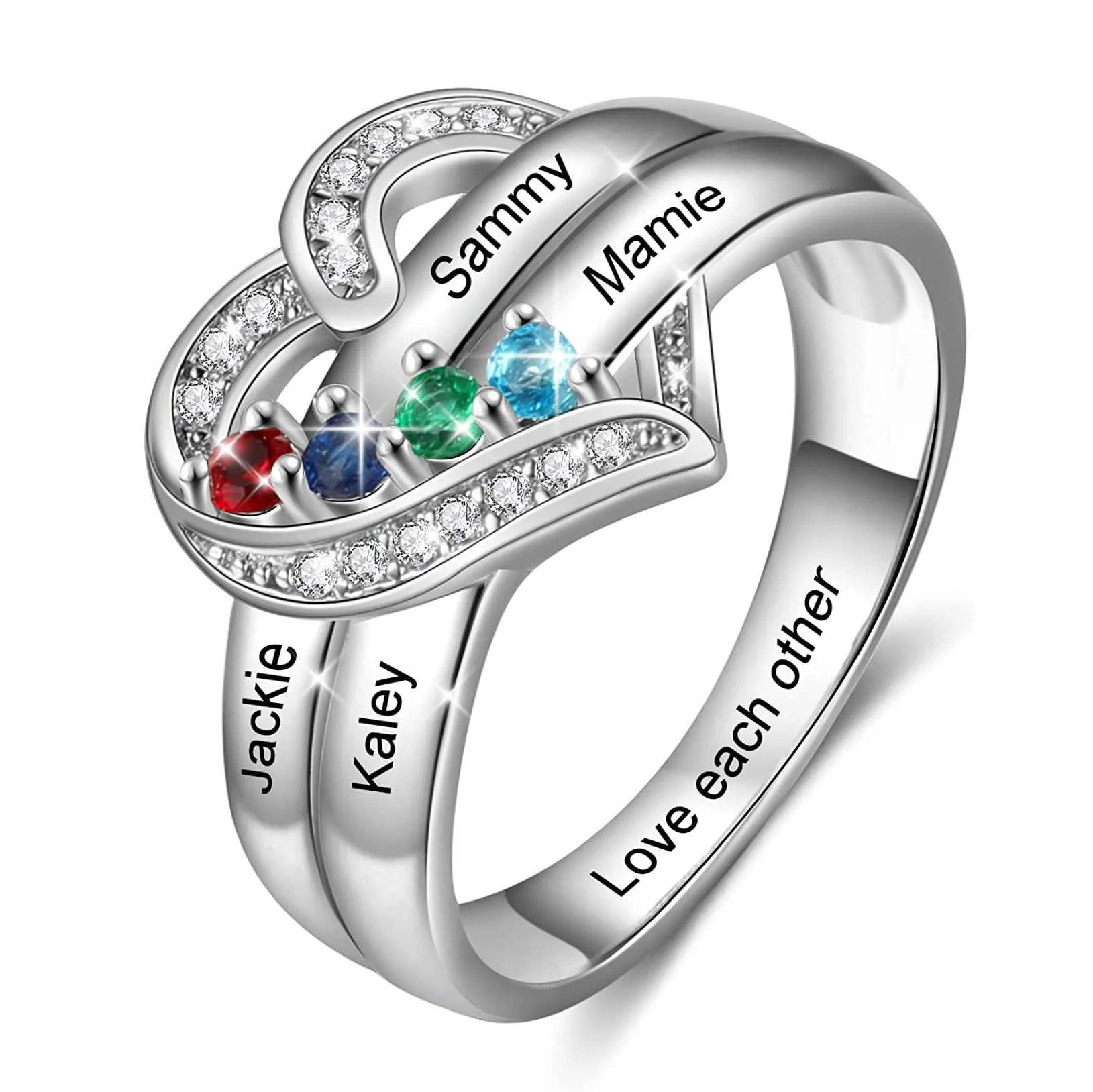 Solitaire Ring Personalized 1-8 Birthstone Rings Silver Heart Custom Engraved Name Family for Mother Days Aniversary Jewelry Y2303