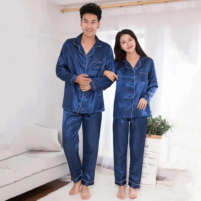 Herren Nachtwäsche 2023 Seidensatin Männer Frauen Pyjama Set Paar Einfarbig Langarm Anzug Lässig Zweiteiliger Pyjama Elastische Homewear