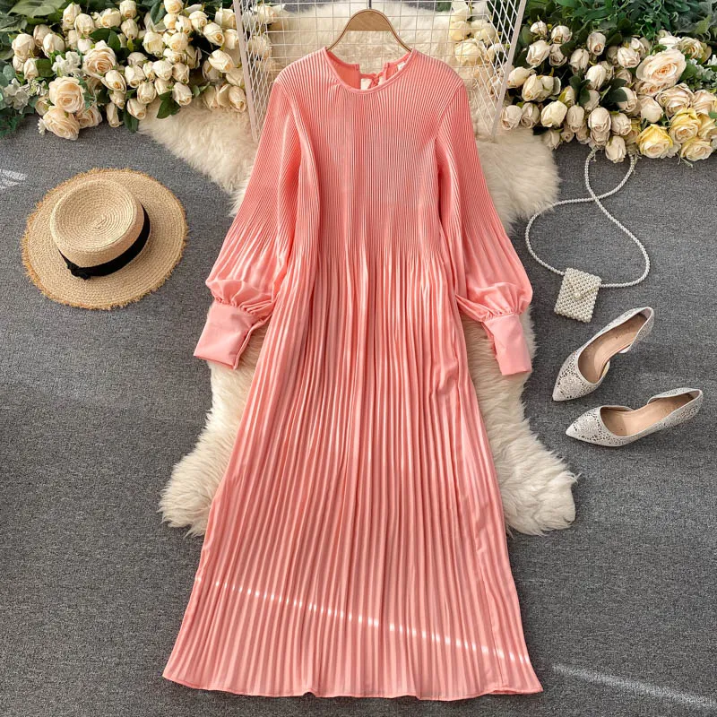 New Casual Spring Casual Dresses Autumn Solid Slim Full Lady Dress A Line O Neck Chiffon Pullover High Waist Mid-Calf Women Dresses 2023