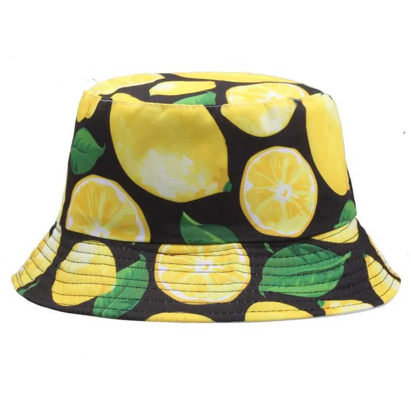 Brede rand hoeden zomer citroen geprinte emmer hoeden voor vrouwen mannen kinderen cherry ananas dubbelzijdige panama caps vissen bob sun vissers hoed p230327