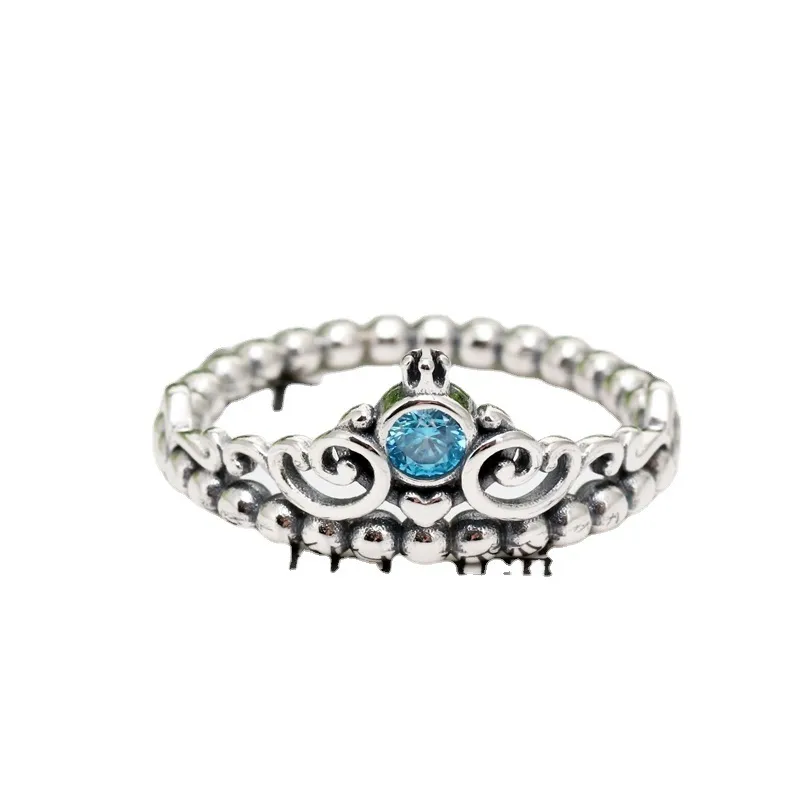 925 Pounds Silver New Fashion Charm Original Pandora Ring, Silver Ring, European and American New "Cinderella" Blue Crown Ring