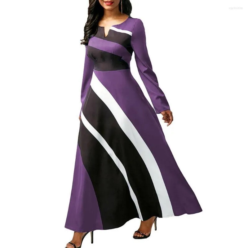 Skirts Plus Size 5XL Women Long Sleeve V Neck Color Block High Waist Large Swing Party Maxi Dress