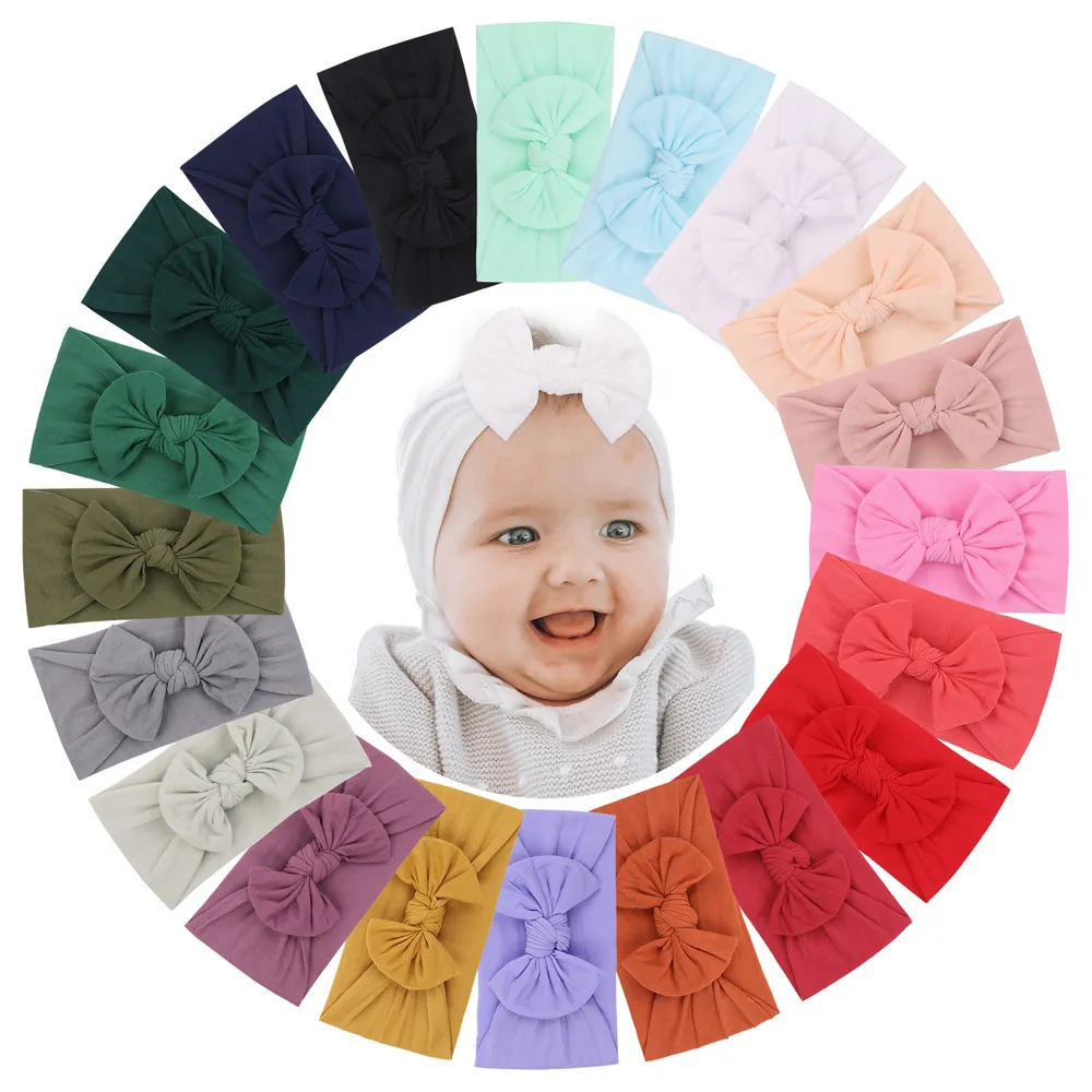 Bebek kafa bantları elastik şerit yumuşak kafa yayları naylon geniş kenarlı bowknot kafa bandı bebek şapkası kafa saç aksesuarları 20 renk