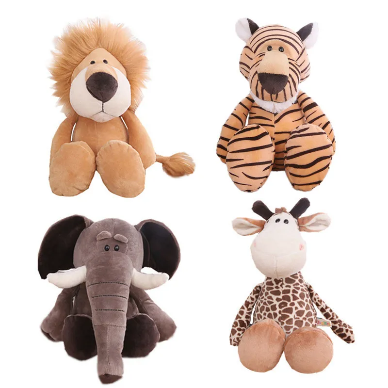 Bambole peluche giocattoli di animale imbottito bambola soft jungle leone elefante tigre cagnolo scimmia regali per bambini kawai per bambini giocattoli hobby 230329