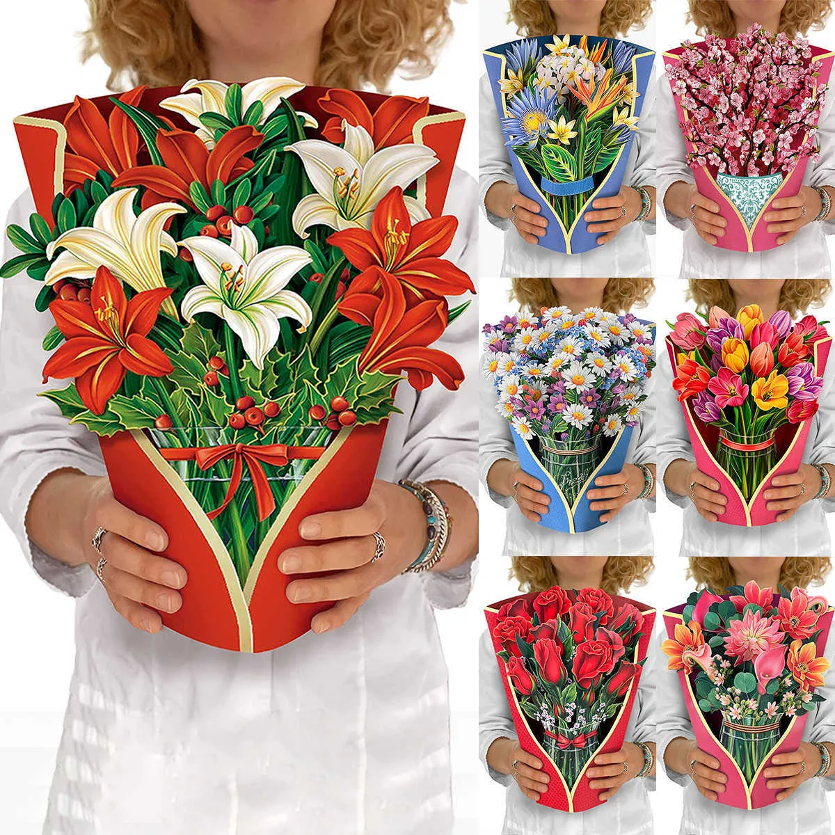 5PC Cartes De Voeux 3D Pop Up Fête Des Mères Popup Bouquet De Fleurs Papier Avec Note Et Enveloppe Pour Maman 2023 Cadeaux De La Mère Y2303