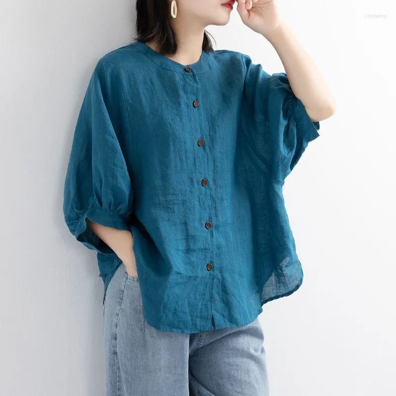 Women's Blouses Fashion O-Neck Button Lantern Sleeve Blouse Women's Clothing 2023 Summer Oversized Casual Tops All-match Solid Color