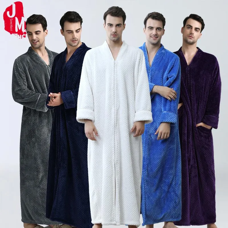 Men's Sleepwear Thick Warm Winter Coral Fleece Bathrobe Men Soft Long Kimono Bath Robe Male Dressing Gown For Mens Flannel Robes Sleep L XL