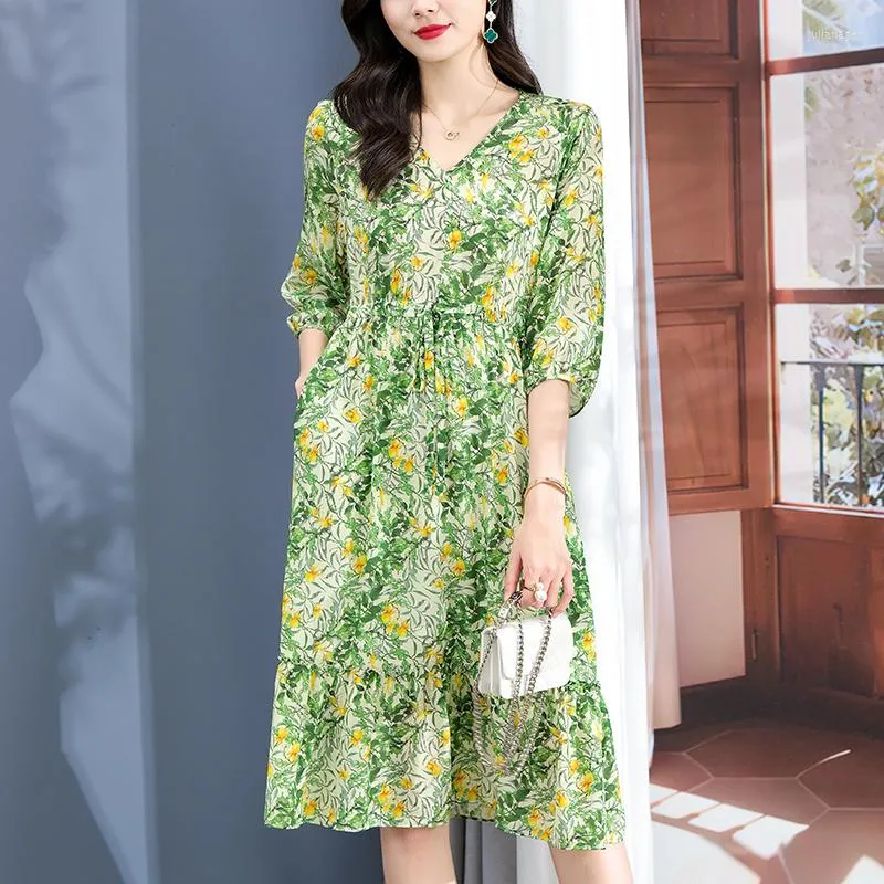 Casual Dresses 2023 Spring Summer Women's Green Dress Real Silk V-neck Elegant For Women Ruffles Floral Woman Long A-line