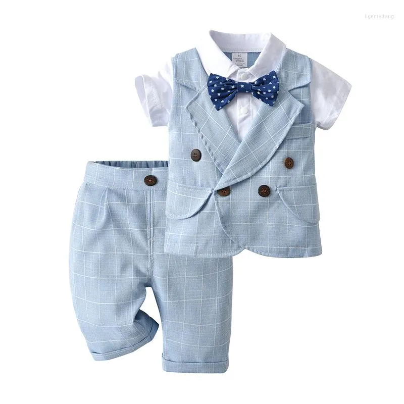 Kledingsets baby'sjongen formeel pak korte mouw tweedelige kleding set Brits stijl klassieke geruite jongen's verjaardagscadeau