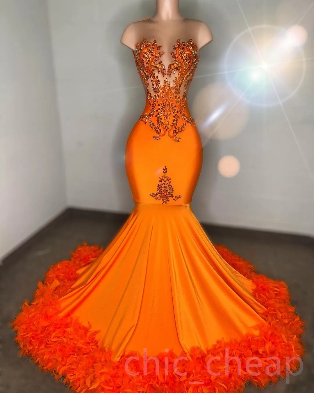 2023 Arabic Aso Ebi Orange Mermaid Prom Dress Beaded Crystals Feather Evening Formal Party Second Reception Birthday Engagement Gowns Dresses Robe De Soiree