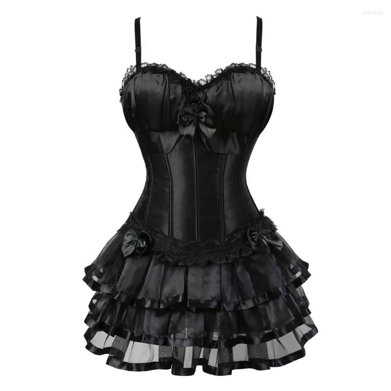 Bustini Corsetti Corsetto vittoriano nero Abiti Burlesque con gonna tutu Cinturino con lacci Lingerie per donna Clubwear S-2XL