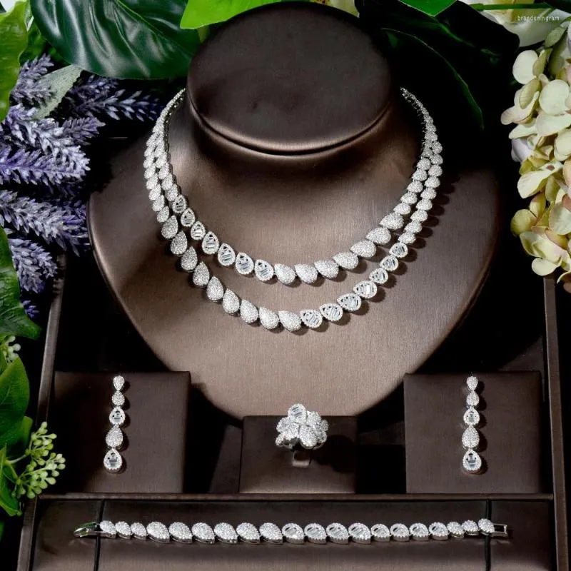 Ketting oorbellen set mode 2 lagen prinses oorrang sieraden voor vrouwen volledige kubieke zirkoon dubai bruids collier femme luxe n-410