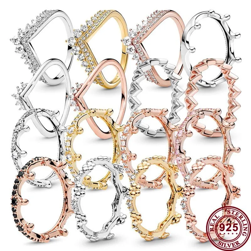 925 Серебряные женщины подходят для кольца Pandora Оригинальные сердечные короны модные кольца.