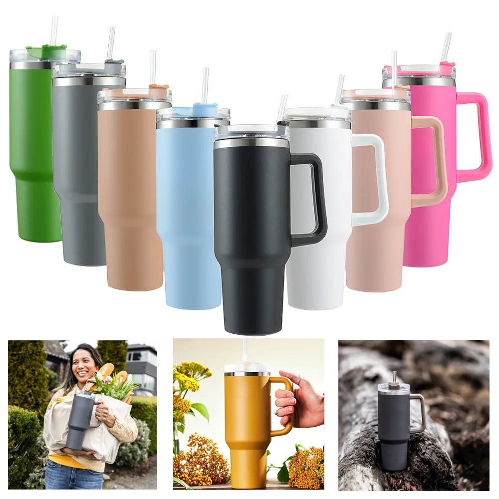 Bicchieri da 40 once con manico Thermos in acciaio inossidabile da 40 once Tazze da caffè isolate con coperchi e cannucce Boccetta per bottiglia d'acqua di grande capacità 1200 ml