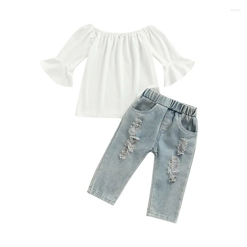 Kleidungssets 1-6 Jahre Kleinkind Kinder Baby Mädchen Aufflackern Ärmel Pullover Tops Zerrissene Jeans Denim Hose Hose 2 STÜCKE Mode Mädchen Set