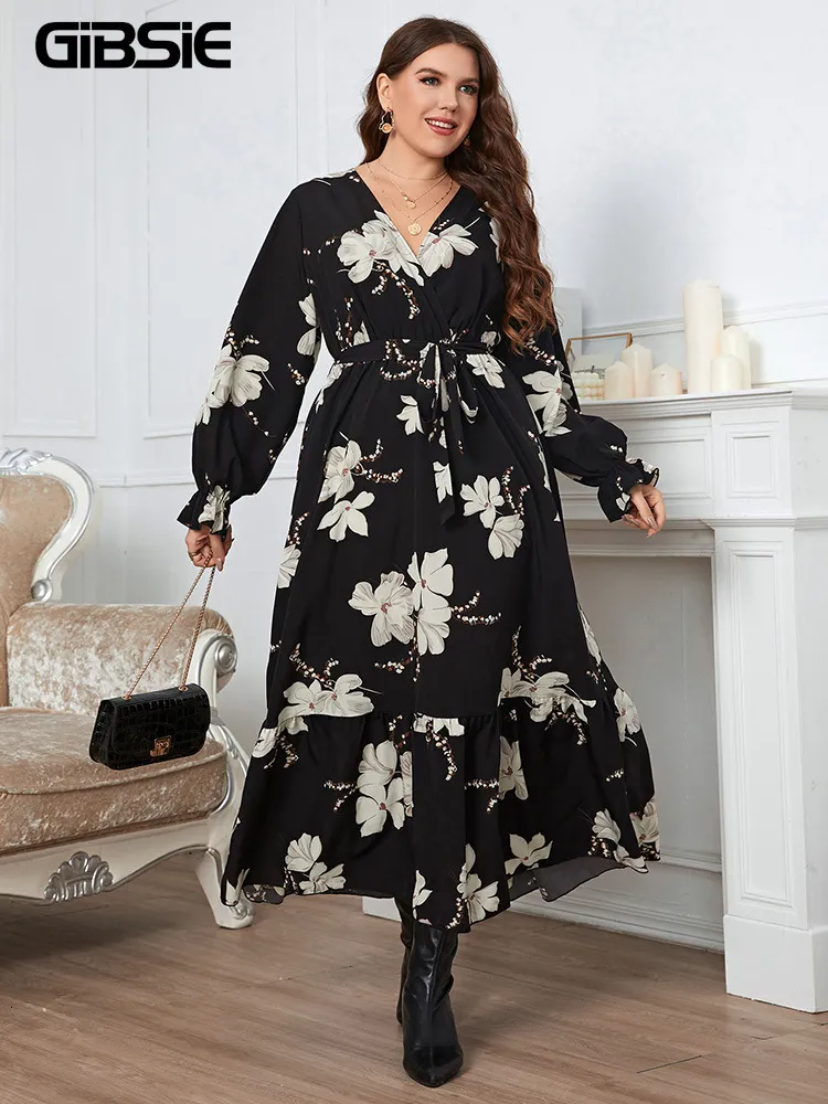 Plus size Dresses GIBSIE Size Floral Print Surplice Neck Belted Maxi Dres Spring Fall Vacation Long Sleeve Ruffle Hem ALine 230330