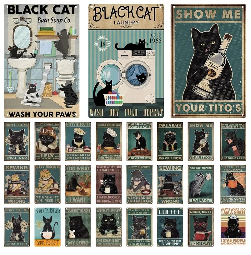 Funny Black Cat Tin Sign For Garden, Bathroom, Cafe, Home Decor Plate ...