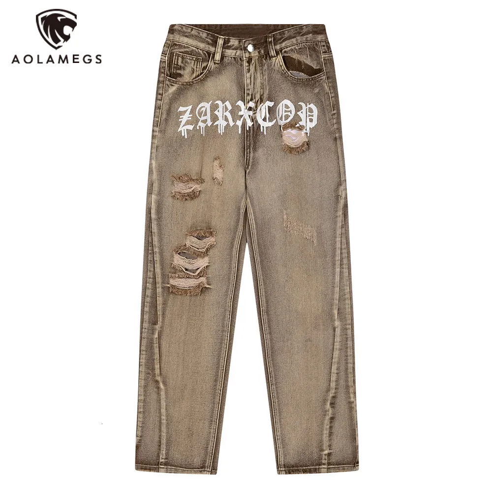 Mens Jeans Vintage Hip Hop Men Ripper Hole Retro Letter Denim Pants Summer Baggy High Street Brown Straight Trousers Male Streetwear 230330