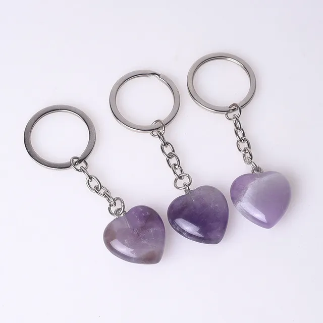 Natural Crystal Stone 20MM Heart Amethyst Rose Quartz Key rings Keychain Bag Pendant Car Decor Key Chain Keyholder