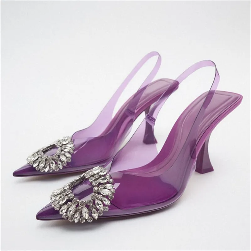 Sandals Purple Transparent Womans Heels Traf Sequins Pointed Toes Women Luxury Crystal Prom Slingbacks Pumps 230329