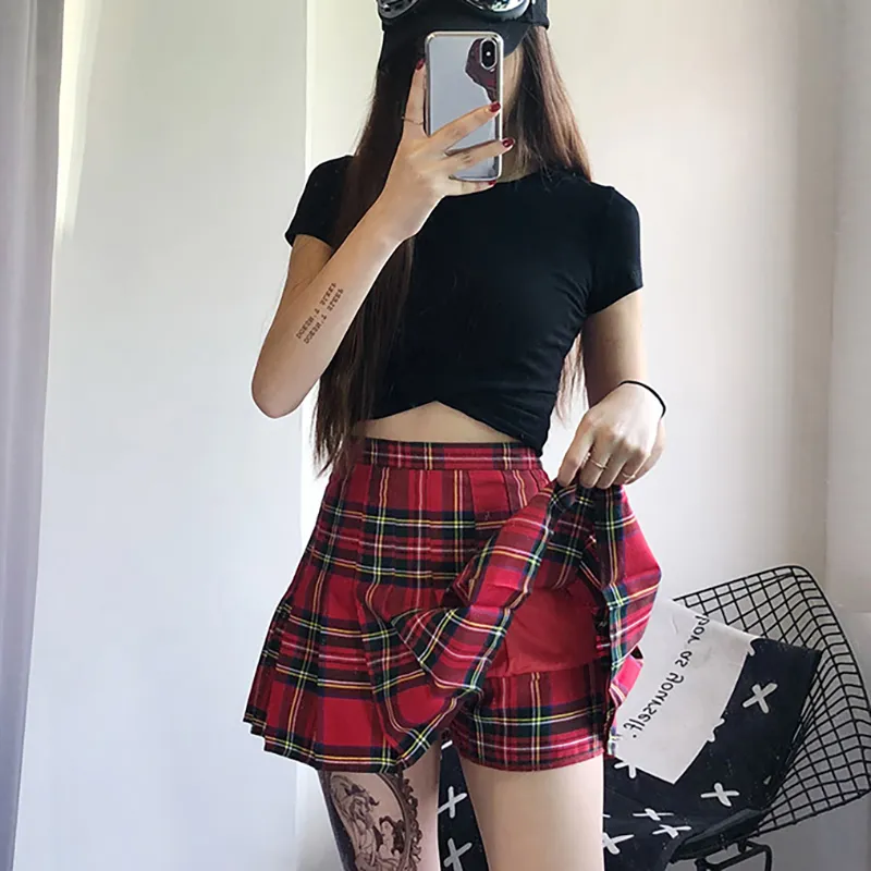 Saias vintage Red Plaid Pleated Women Y2K Mini High Caist Kawaii Feminino Summer College Style Tennis Short 230330