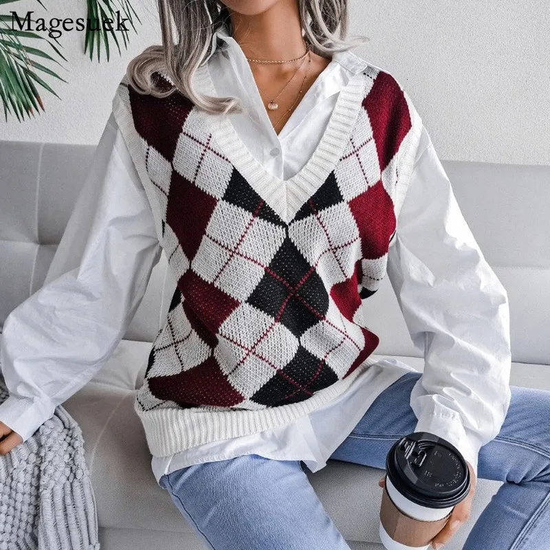 Coletes femininos de inverno preparar estilo malha suéter feminino de-decote em v casual tanque argyle top top solto suéter retro 18133 230330